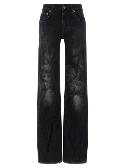 Jeans by Balenciaga for women in denim cotton black features an sartorial flared & wide and long with a cut for a sartorial finish.