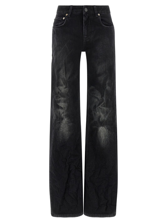 Jeans by Balenciaga for women in denim cotton black features an sartorial flared & wide and long with a cut for a sartorial finish.