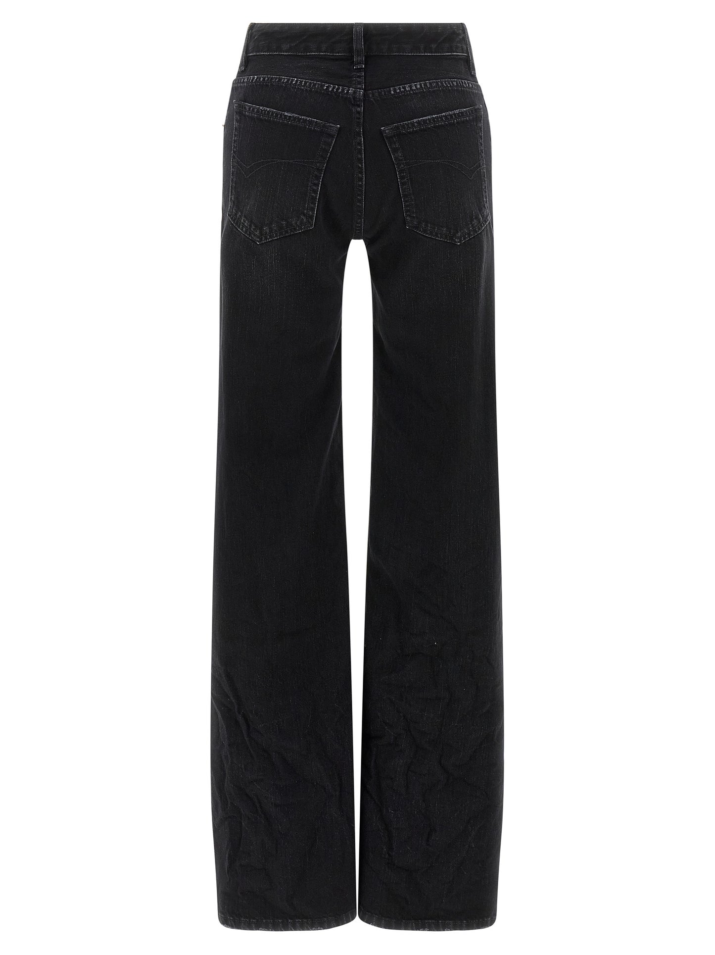 Jeans by Balenciaga for women in denim cotton black features a polished silhouette with a polished flared & wide, reaching a polished long and finished with a polished .