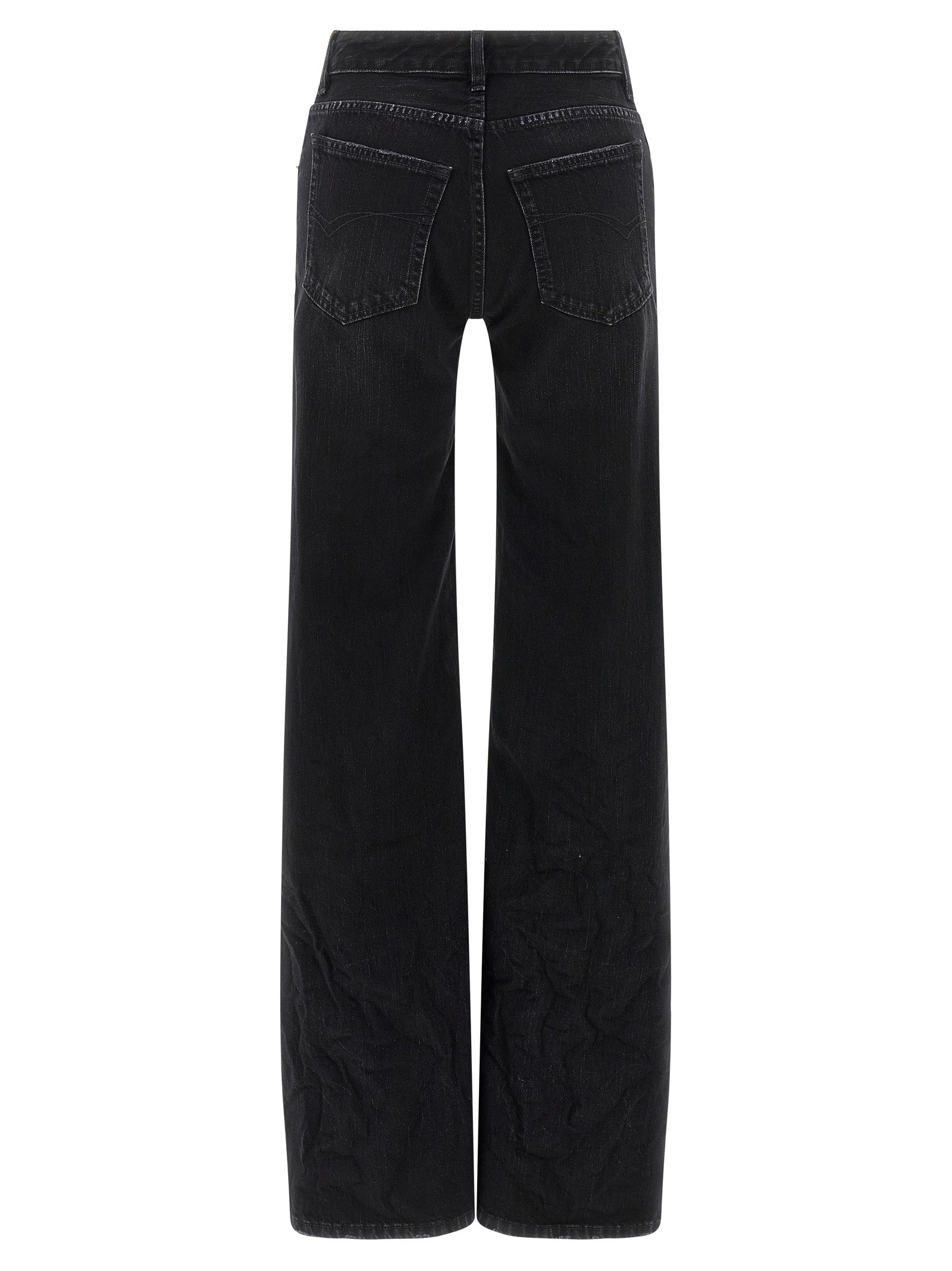 Jeans by Balenciaga for women in denim cotton black features a polished silhouette with a polished flared & wide, reaching a polished long and finished with a polished .