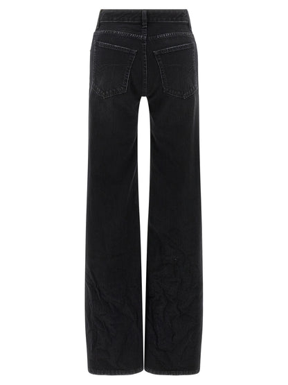 Jeans by Balenciaga for women in denim cotton black features a polished silhouette with a polished flared & wide, reaching a polished long and finished with a polished .