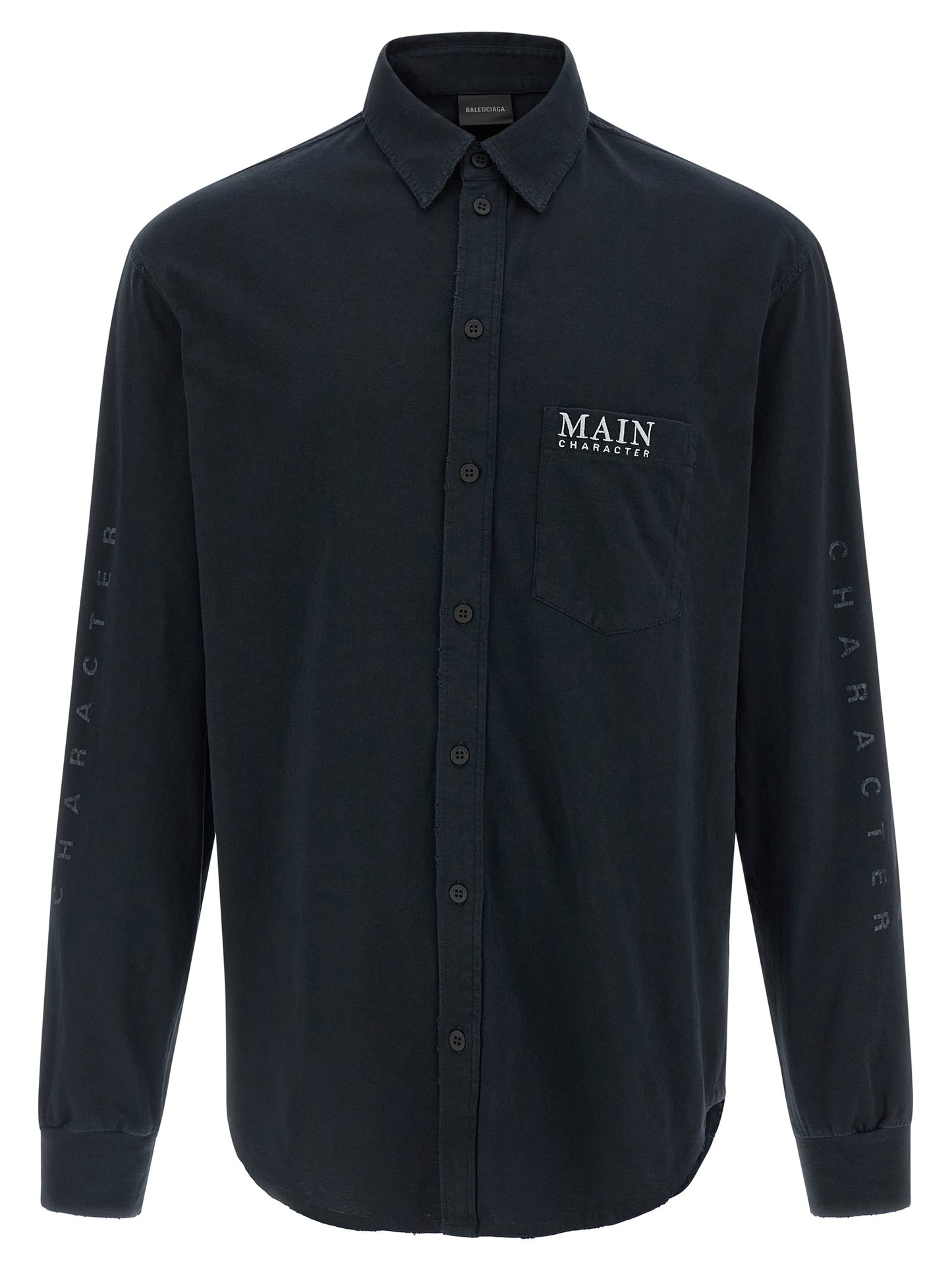 Shirt by Balenciaga for men in cotton black showcases a sharp silhouette, elegantly detailed with a sharp shirt-collar neckline and sharp long-sleeve.