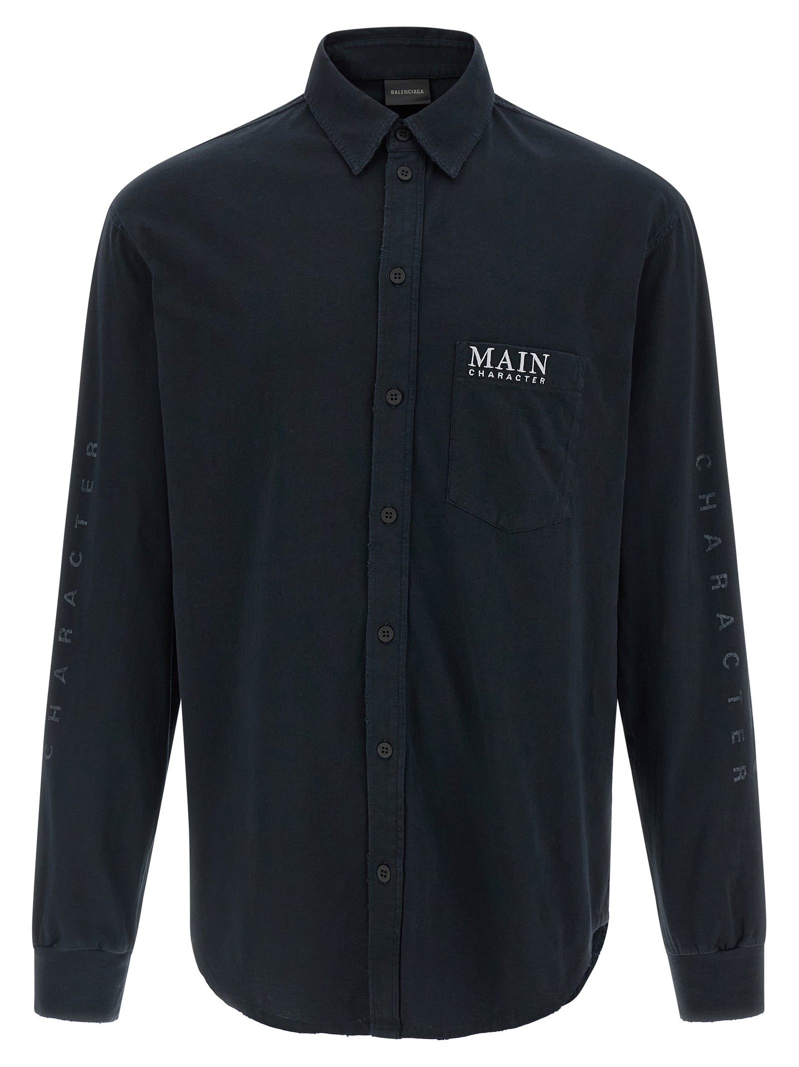 Shirt by Balenciaga for men in cotton black showcases a sharp silhouette, elegantly detailed with a sharp shirt-collar neckline and sharp long-sleeve.