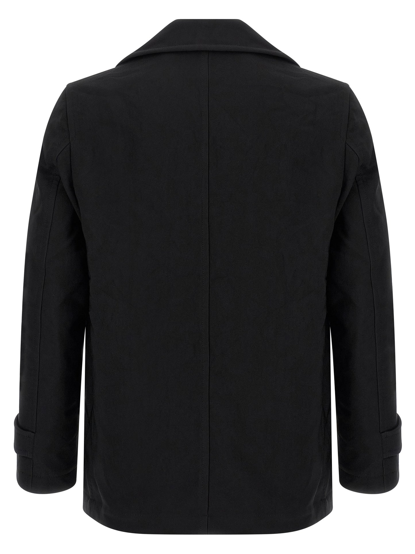 Overcoat by Comme Des Garçons for men in polyester black features a cosy chic silhouette, artfully detailed with a sophisticated and premium pockets & insulated for a cosy chic finish.