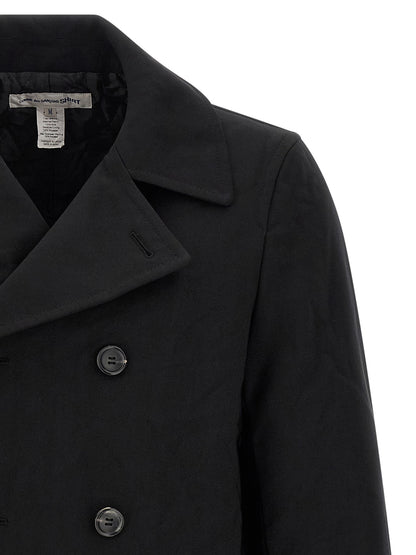 Overcoat by Comme Des Garçons for men in polyester black presents a luxurious silhouette, showcasing a luxurious and sophisticated pockets & insulated for a premium, luxurious look.