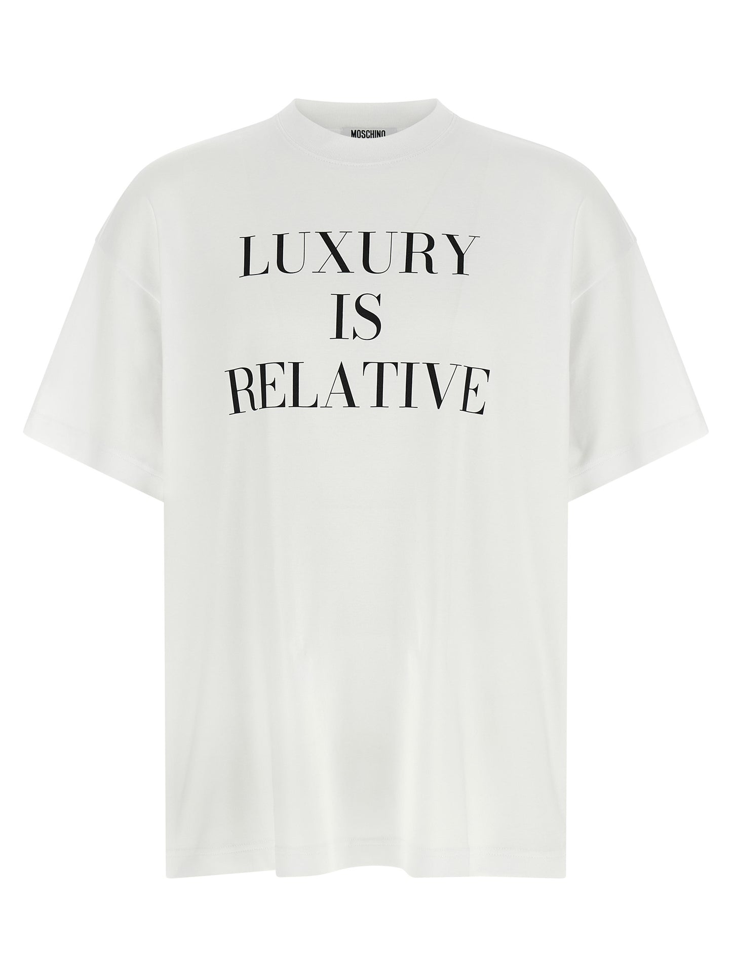 T-Shirt by Moschino for women in cotton white & print showcases a unassuming silhouette, artfully detailed with a refined crew neckline and unassuming short-sleeve for a sophisticated, contemporary look.