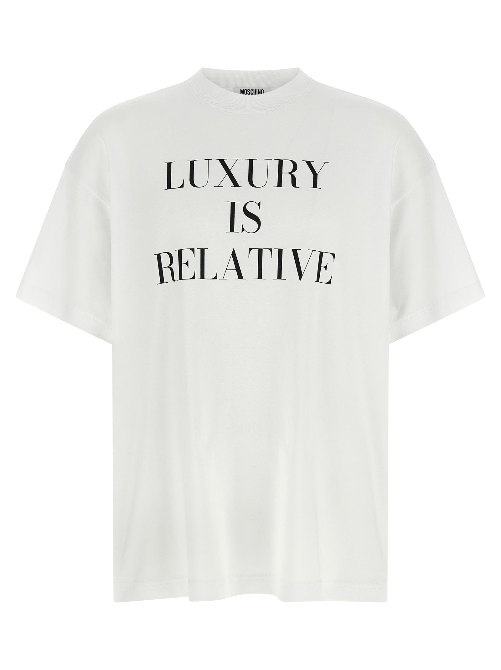 T-Shirt by Moschino for women in cotton white & print showcases a unassuming silhouette, artfully detailed with a refined crew neckline and unassuming short-sleeve for a sophisticated, contemporary look.