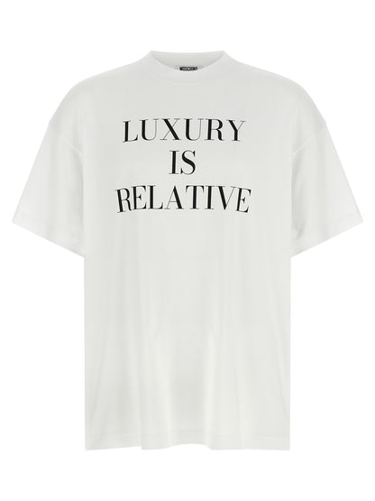 T-Shirt by Moschino for women in cotton white & print showcases a unassuming silhouette, artfully detailed with a refined crew neckline and unassuming short-sleeve for a sophisticated, contemporary look.
