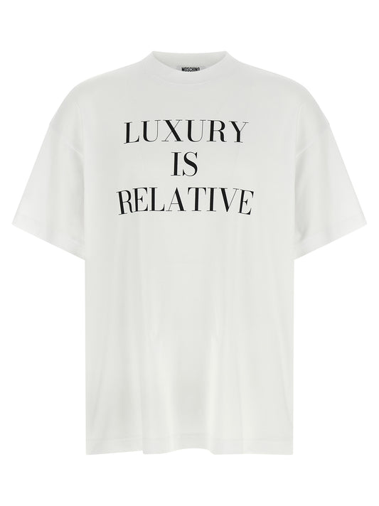 T-Shirt by Moschino for women in cotton white & print showcases a unassuming silhouette, artfully detailed with a refined crew neckline and unassuming short-sleeve for a sophisticated, contemporary look.