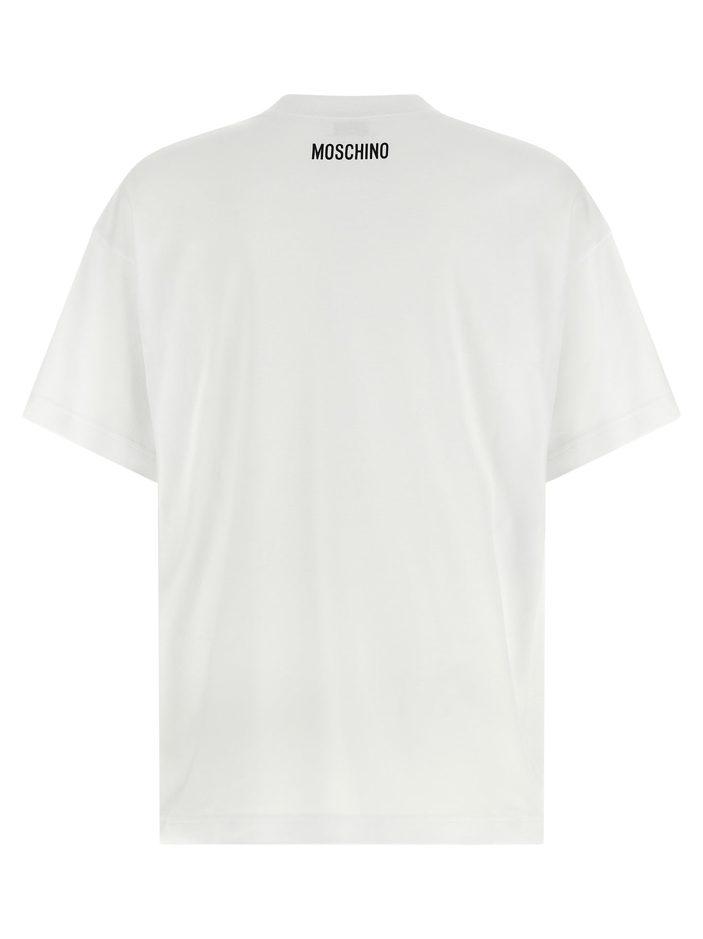 T-Shirt by Moschino for women in cotton white & print showcases a fashionable silhouette, elegantly detailed with a fashionable and crew neckline for a sophisticated, high-fashion look.