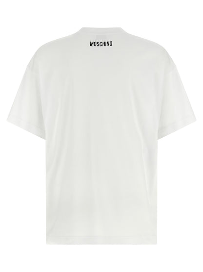 T-Shirt by Moschino for women in cotton white & print showcases a fashionable silhouette, elegantly detailed with a fashionable and crew neckline for a sophisticated, high-fashion look.