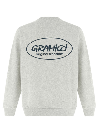 Sweatshirt by Gramicci for men in cotton polyester gray & print showcases a slouchy chic silhouette, artfully detailed with a slouchy chic crew neckline and for a slouchy chic finish.