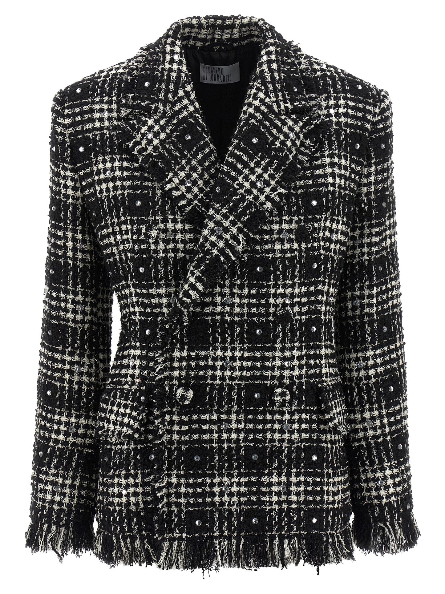 Blazer by Giuseppe Di Morabito for women in acrylic poly cotton tweed bicolour, black & white showcases a discerning silhouette, elegantly detailed with a sophisticated lapel peak-lapel neckline and premium for a truly discerning finish.
