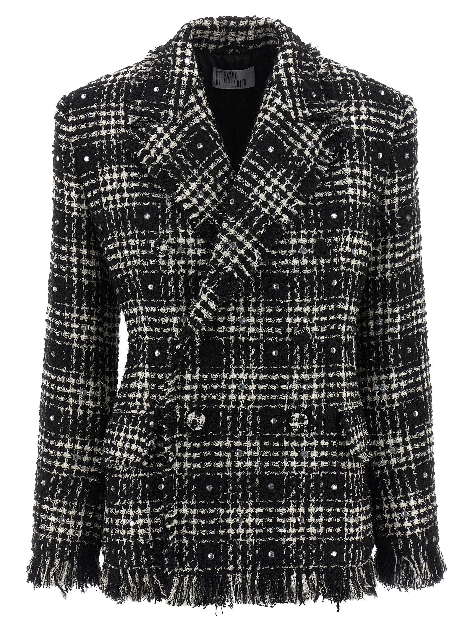 Blazer by Giuseppe Di Morabito for women in acrylic poly cotton tweed bicolour, black & white showcases a discerning silhouette, elegantly detailed with a sophisticated lapel peak-lapel neckline and premium for a truly discerning finish.