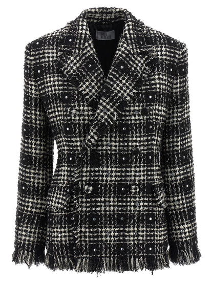 Blazer by Giuseppe Di Morabito for women in acrylic poly cotton tweed bicolour, black & white showcases a discerning silhouette, elegantly detailed with a sophisticated lapel peak-lapel neckline and premium for a truly discerning finish.