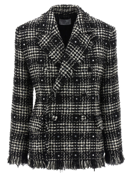 Blazer by Giuseppe Di Morabito for women in acrylic poly cotton tweed bicolour, black & white showcases a discerning silhouette, elegantly detailed with a sophisticated lapel peak-lapel neckline and premium for a truly discerning finish.
