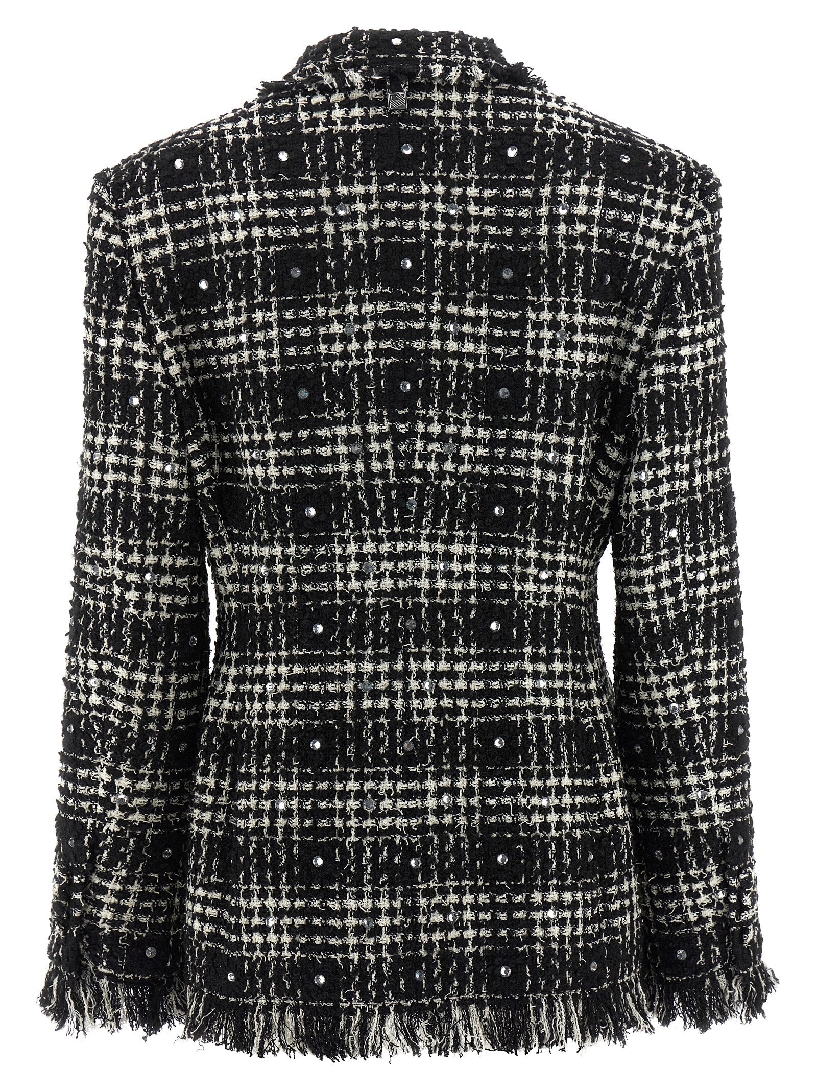Blazer by Giuseppe Di Morabito for women in acrylic poly cotton tweed bicolour, black & white showcases a polished silhouette, highlighted by a refined lapel peak-lapel neckline and polished for a sophisticated finish.