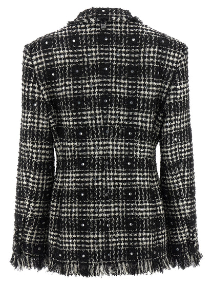 Blazer by Giuseppe Di Morabito for women in acrylic poly cotton tweed bicolour, black & white showcases a polished silhouette, highlighted by a refined lapel peak-lapel neckline and polished for a sophisticated finish.