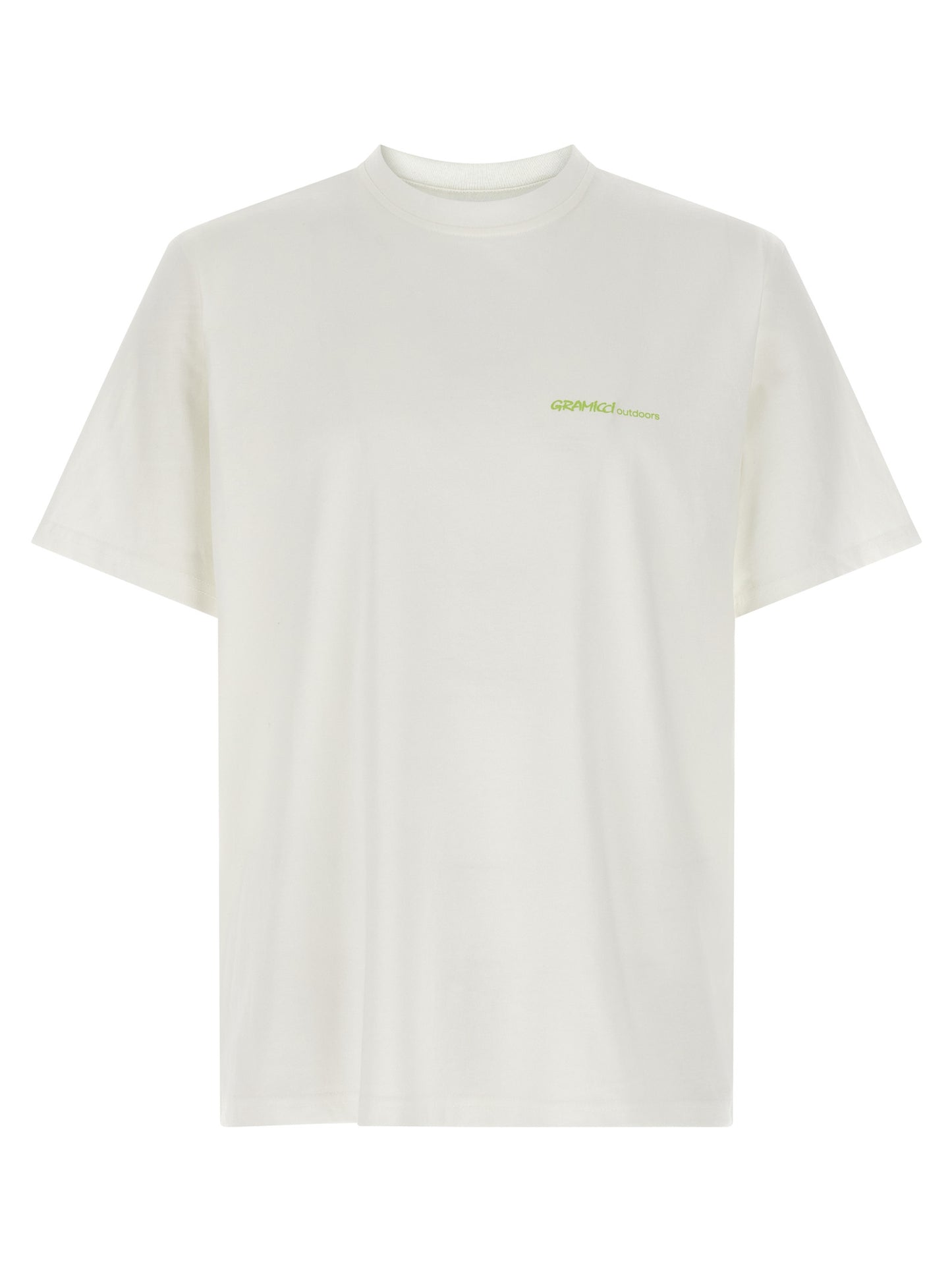 Activewear T-Shirt by Gramicci for men in organic cotton white & print features a sporty silhouette with long-sleeve and crew neckline, showcasing innovative for a sporty finish.