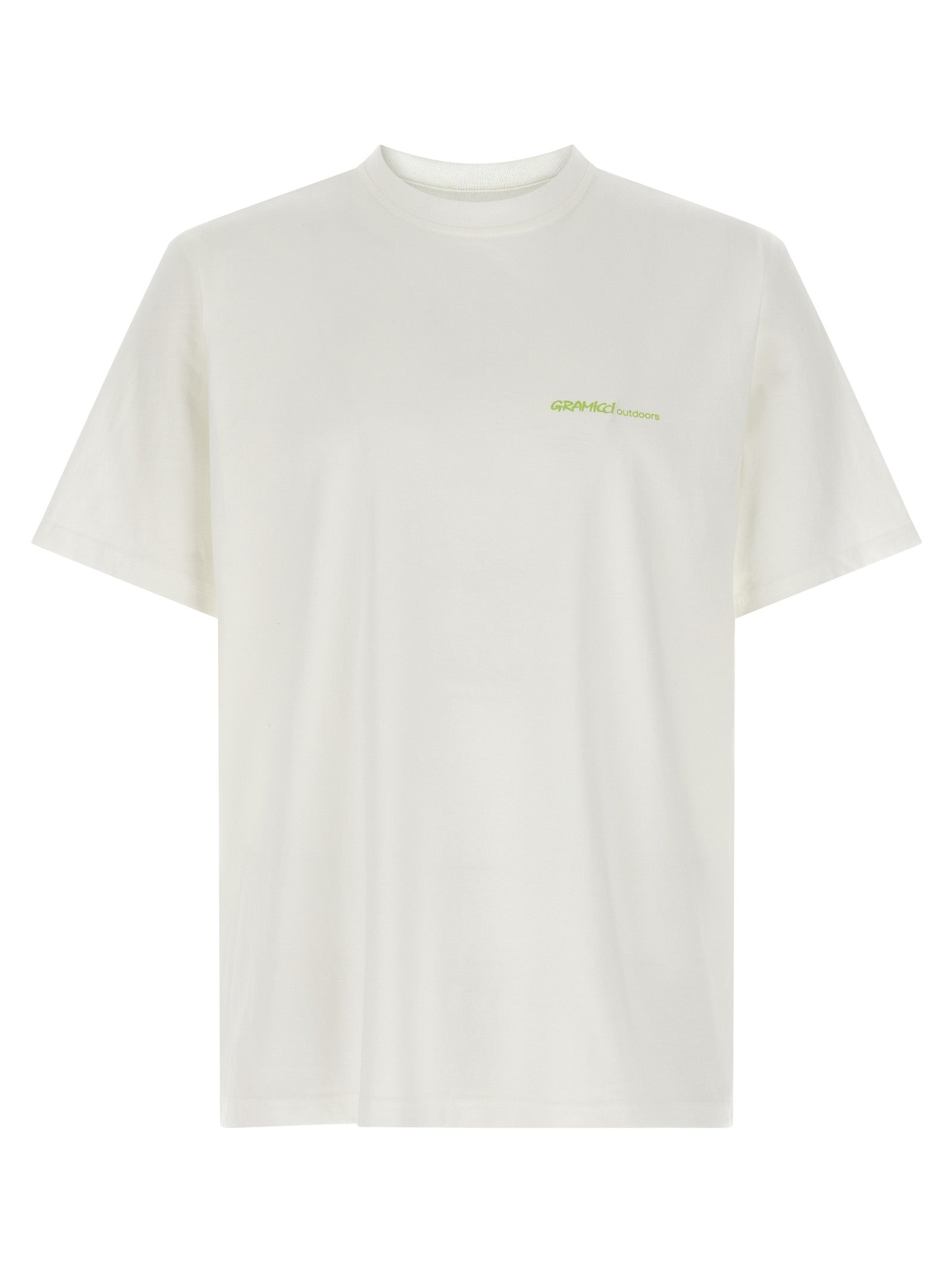 Activewear T-Shirt by Gramicci for men in organic cotton white & print features a sporty silhouette with long-sleeve and crew neckline, showcasing innovative for a sporty finish.