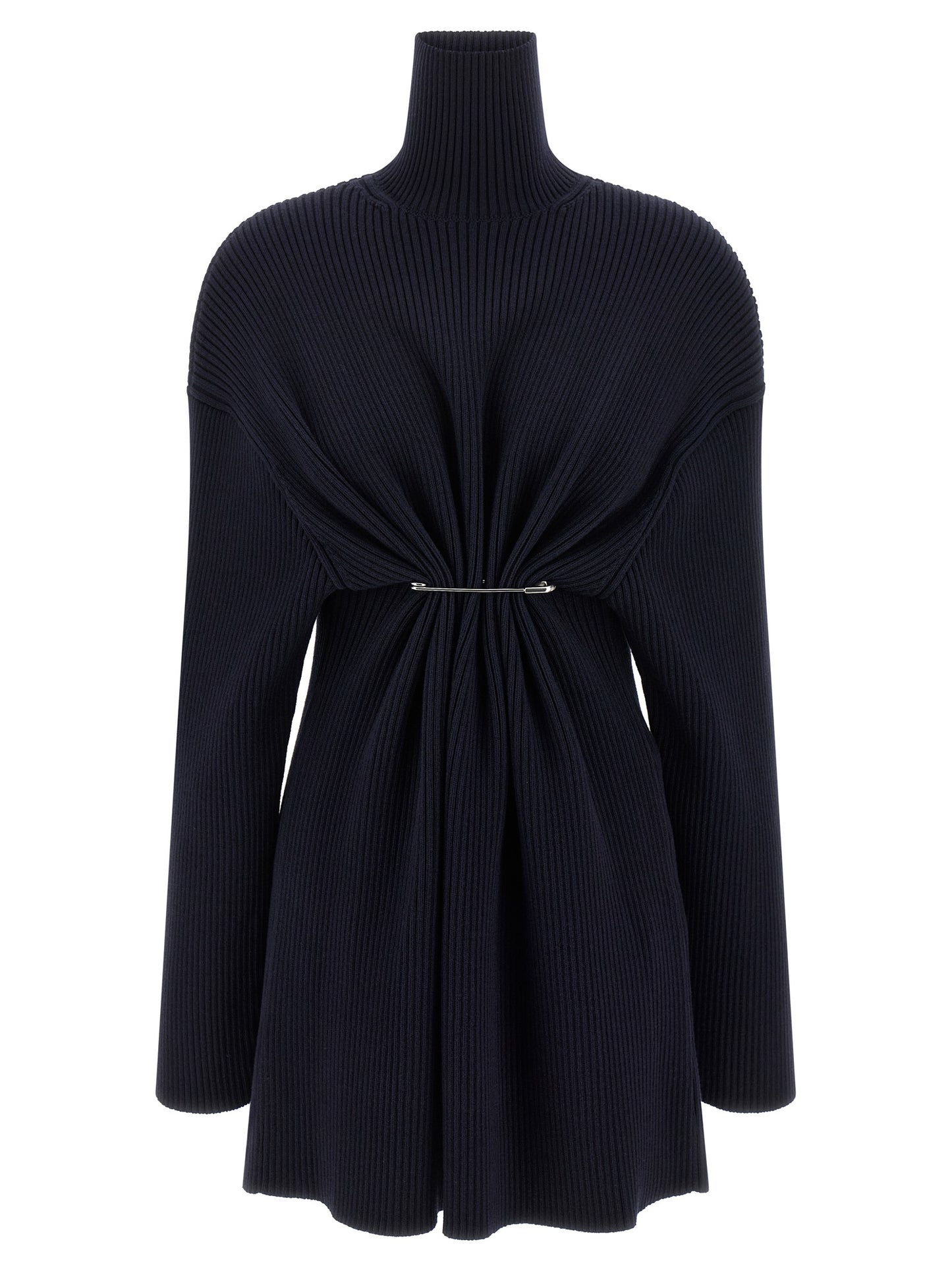 Dress by Balenciaga for women in wool blue showcases a striking silhouette, elegantly detailed with a long-sleeve, refined high-neck neckline, and a striking maxi short mini for a striking finish.