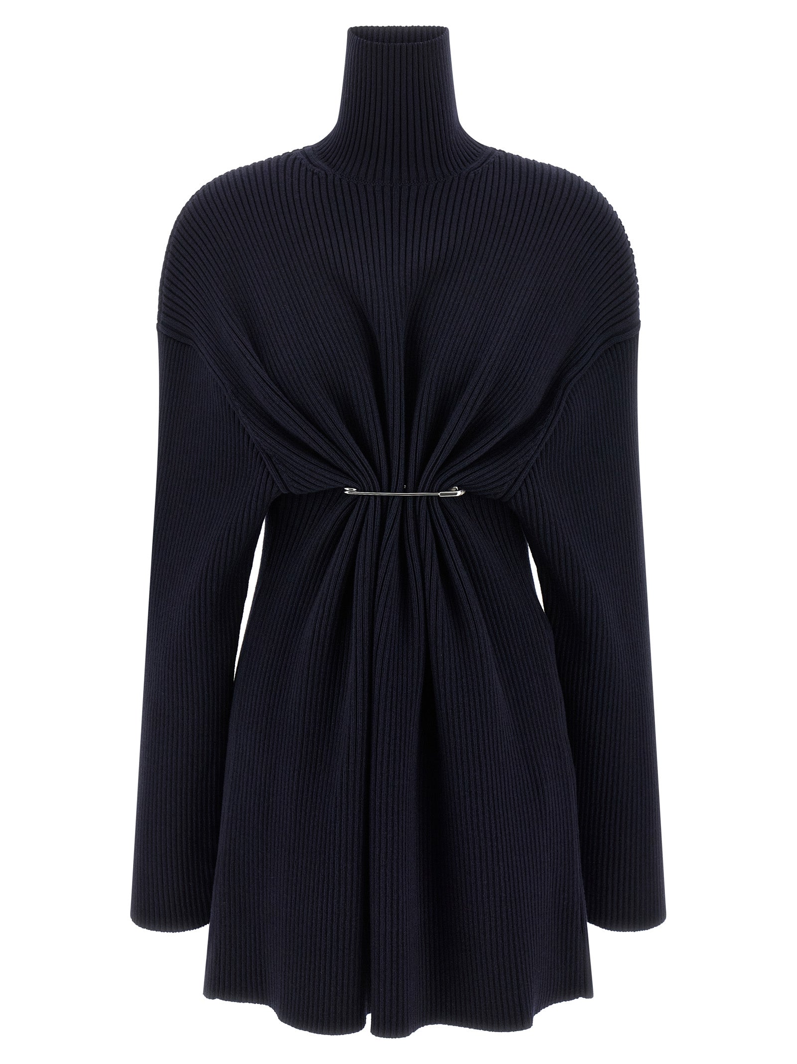 Dress by Balenciaga for women in wool blue showcases a striking silhouette, elegantly detailed with a long-sleeve, refined high-neck neckline, and a striking maxi short mini for a striking finish.