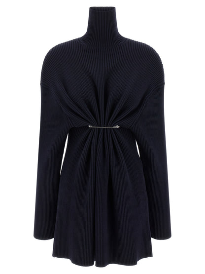 Dress by Balenciaga for women in wool blue showcases a striking silhouette, elegantly detailed with a long-sleeve, refined high-neck neckline, and a striking maxi short mini for a striking finish.