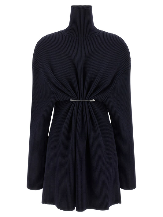 Dress by Balenciaga for women in wool blue showcases a striking silhouette, elegantly detailed with a long-sleeve, refined high-neck neckline, and a striking maxi short mini for a striking finish.