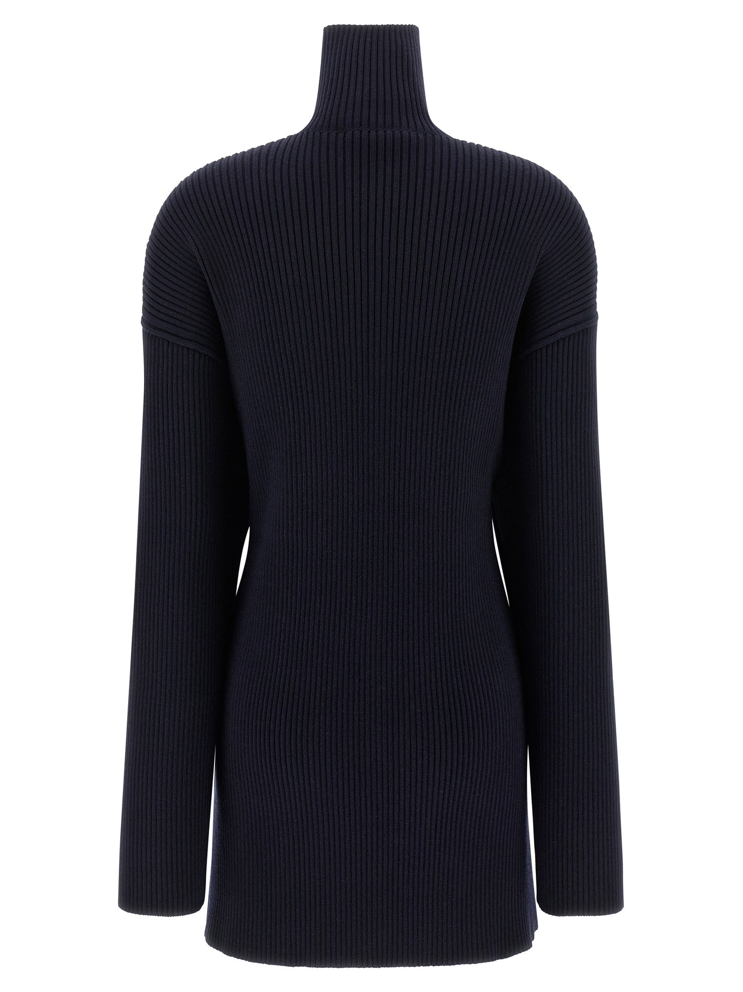 Dress by Balenciaga for women in wool blue features a dramatic silhouette, showcasing an elegant high-neck neckline and that flows into a dramatic maxi short mini.