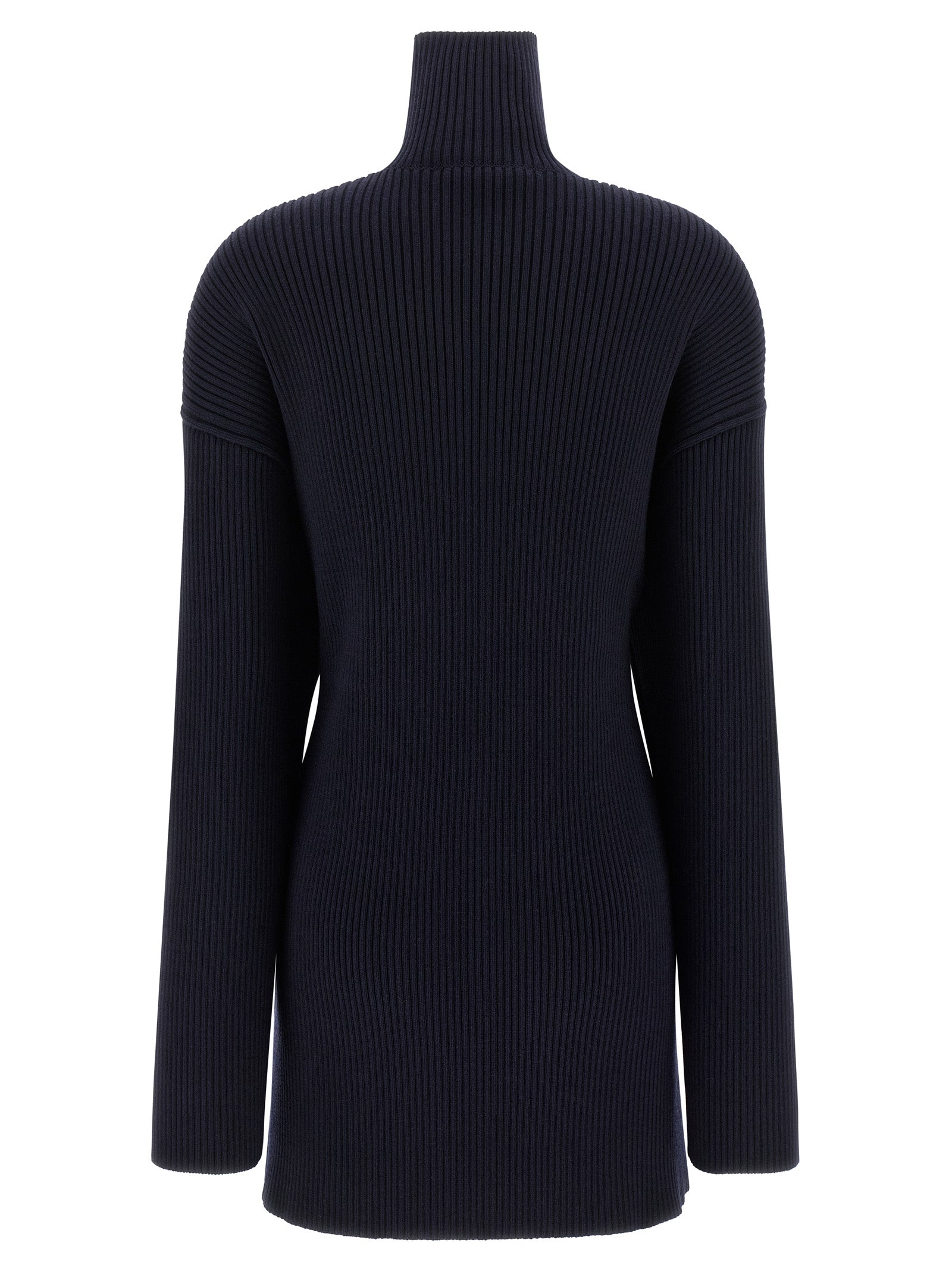 Dress by Balenciaga for women in wool blue features a dramatic silhouette, showcasing an elegant high-neck neckline and that flows into a dramatic maxi short mini.