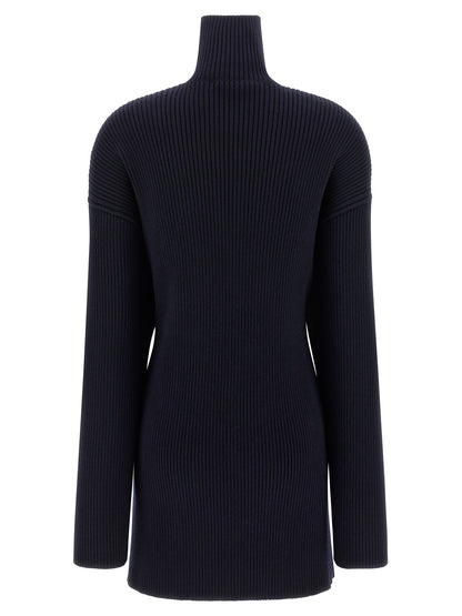Dress by Balenciaga for women in wool blue features a dramatic silhouette, showcasing an elegant high-neck neckline and that flows into a dramatic maxi short mini.