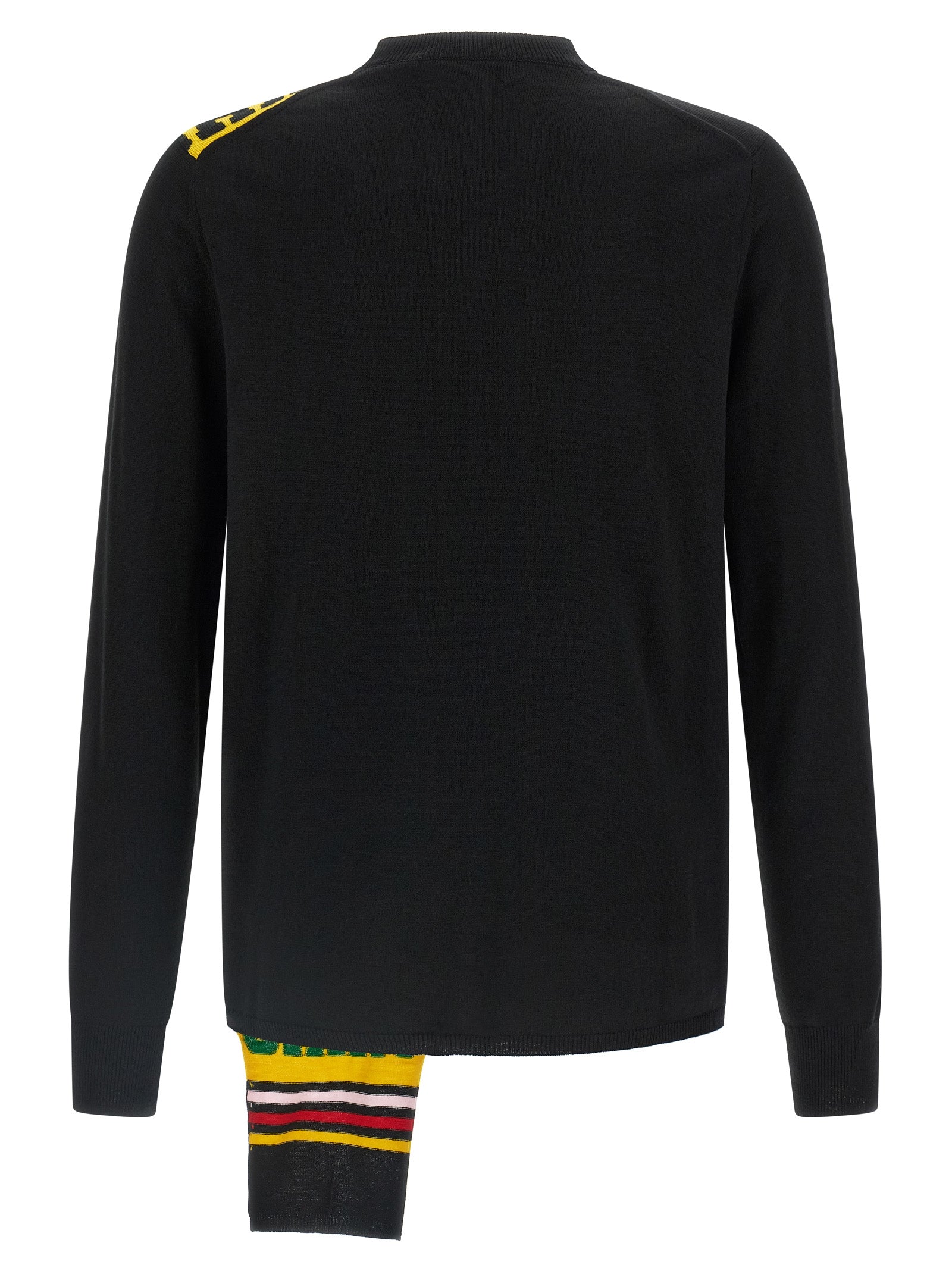 Cardigan by Comme Des Garçons for men in nylon wool & acetate black presents a textural silhouette, artfully finished with a textural crew asymmetric neckline and for a sophisticated, textural look.