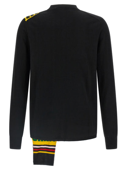 Cardigan by Comme Des Garçons for men in nylon wool & acetate black presents a textural silhouette, artfully finished with a textural crew asymmetric neckline and for a sophisticated, textural look.