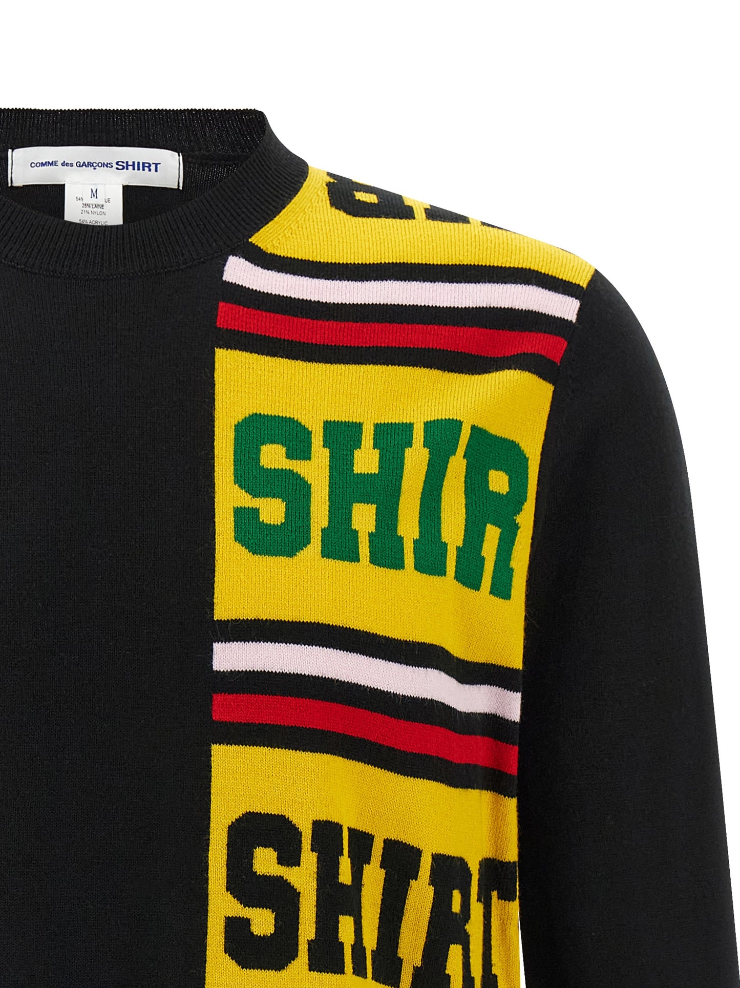 Cardigan by Comme Des Garçons for men in nylon wool & acetate black showcases a captivating silhouette, artfully detailed with a captivating and crew asymmetric neckline for a truly sophisticated captivating look.