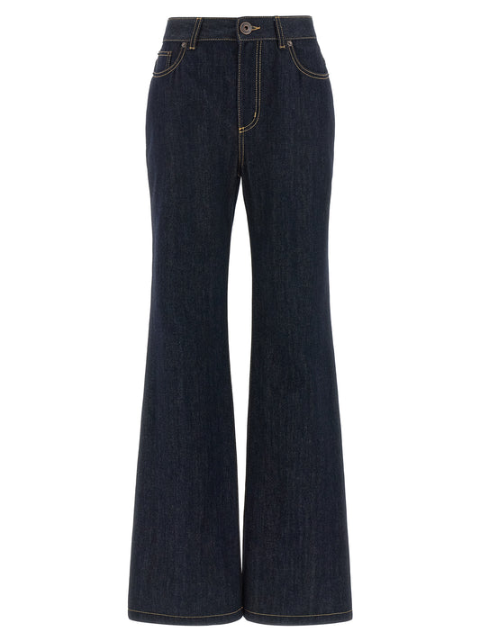 Jeans by Alexander McQueen for women in denim cotton & suede leather blue features an sartorial straight-leg & flared and long with a cut for a sartorial finish.