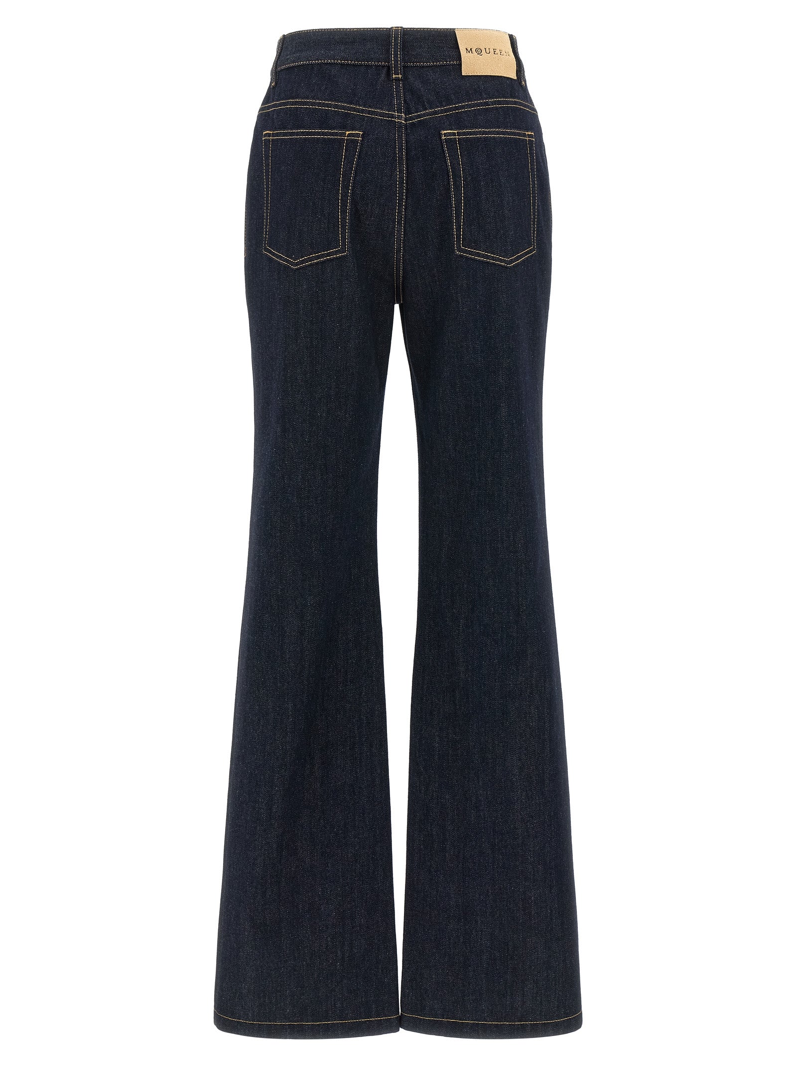 Jeans by Alexander McQueen for women in denim cotton & suede leather blue features an refined tailoring silhouette, showcasing a premium straight-leg & flared with a and long cut for a refined tailoring look.