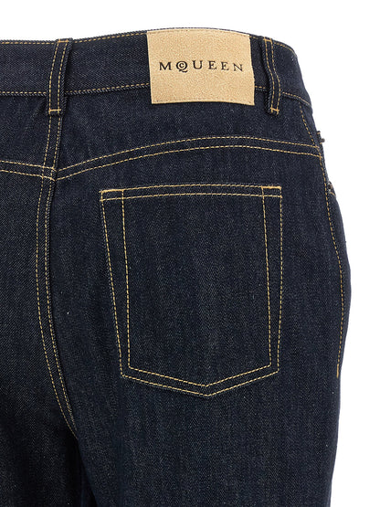Jeans by Alexander McQueen for women in denim cotton & suede leather blue features an refined tailoring silhouette, showcasing a premium straight-leg & flared with a and long cut for a refined tailoring look.