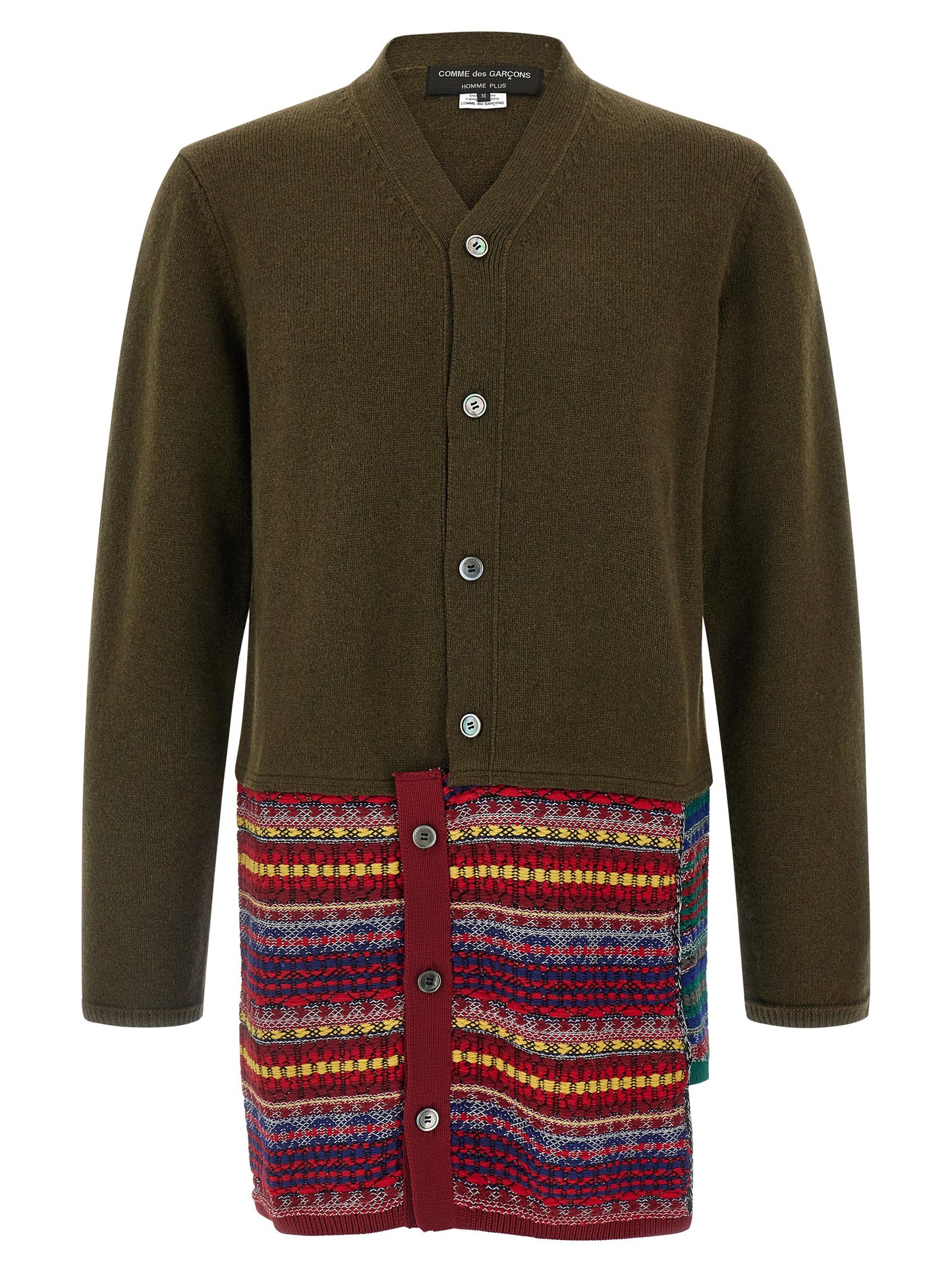 Cardigan by Comme Des Garçons for men in wool & nylon bicolour, green & jacquard features an crisp silhouette, showcasing a sophisticated v-neck neckline and detail for a truly crisp finish.