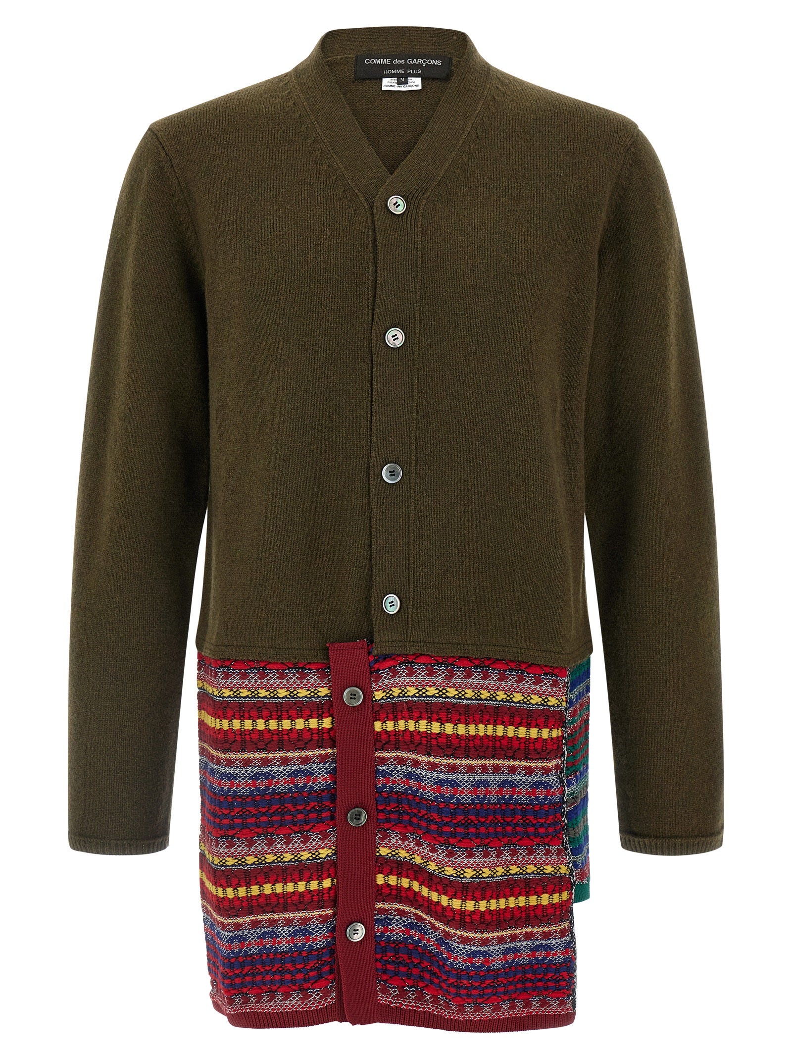 Cardigan by Comme Des Garçons for men in wool & nylon bicolour, green & jacquard features an crisp silhouette, showcasing a sophisticated v-neck neckline and detail for a truly crisp finish.