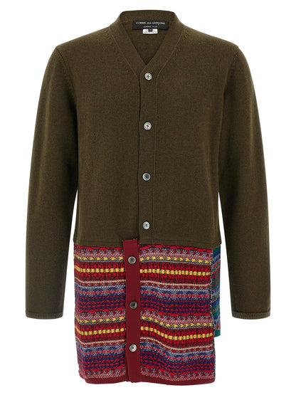 Cardigan by Comme Des Garçons for men in wool & nylon bicolour, green & jacquard features an crisp silhouette, showcasing a sophisticated v-neck neckline and detail for a truly crisp finish.