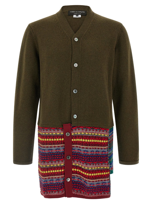 Cardigan by Comme Des Garçons for men in wool & nylon bicolour, green & jacquard features an crisp silhouette, showcasing a sophisticated v-neck neckline and detail for a truly crisp finish.