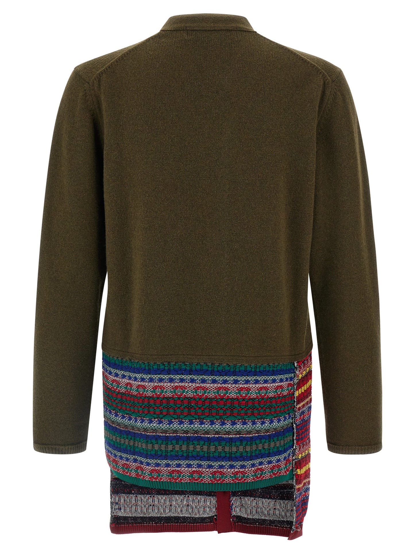 Cardigan by Comme Des Garçons for men in wool & nylon bicolour, green & jacquard features a nuanced silhouette with a refined v-neck neckline and nuanced detailing for a sophisticated look.