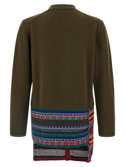 Cardigan by Comme Des Garçons for men in wool & nylon bicolour, green & jacquard features a nuanced silhouette with a refined v-neck neckline and nuanced detailing for a sophisticated look.