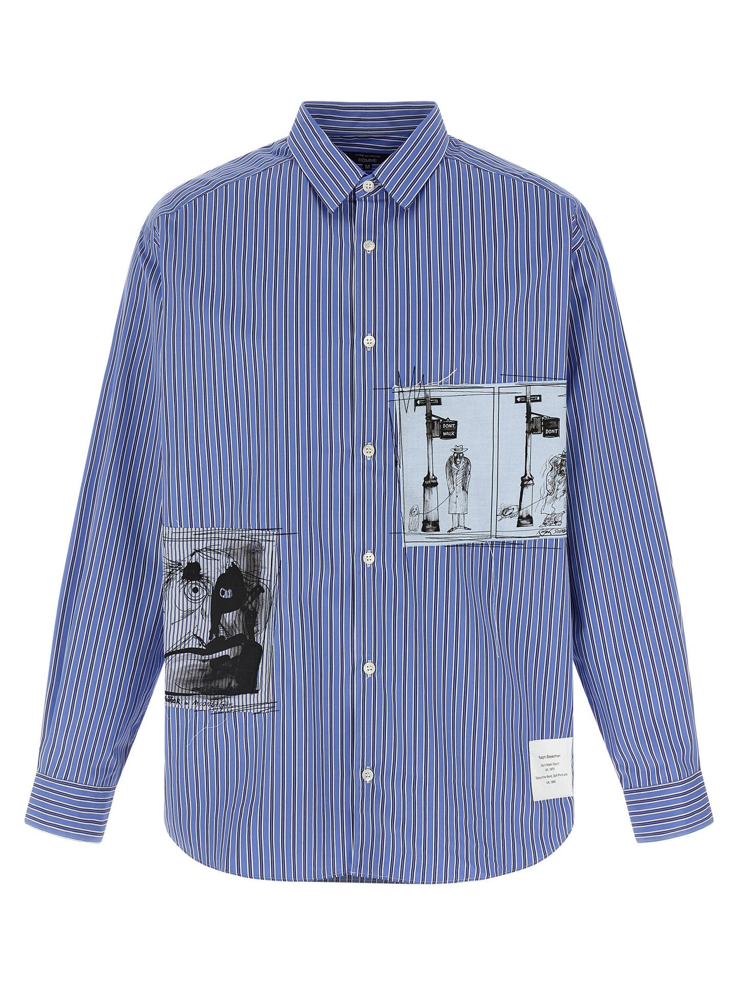 Shirt by Comme Des Garçons for men in cotton blue & striped features an architectural silhouette with a refined long-sleeve and elegant for a architectural look.
