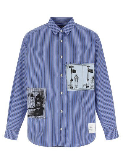 Shirt by Comme Des Garçons for men in cotton blue & striped features an architectural silhouette with a refined long-sleeve and elegant for a architectural look.