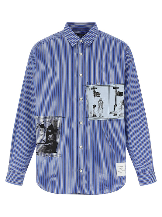 Shirt by Comme Des Garçons for men in cotton blue & striped features an architectural silhouette with a refined long-sleeve and elegant for a architectural look.