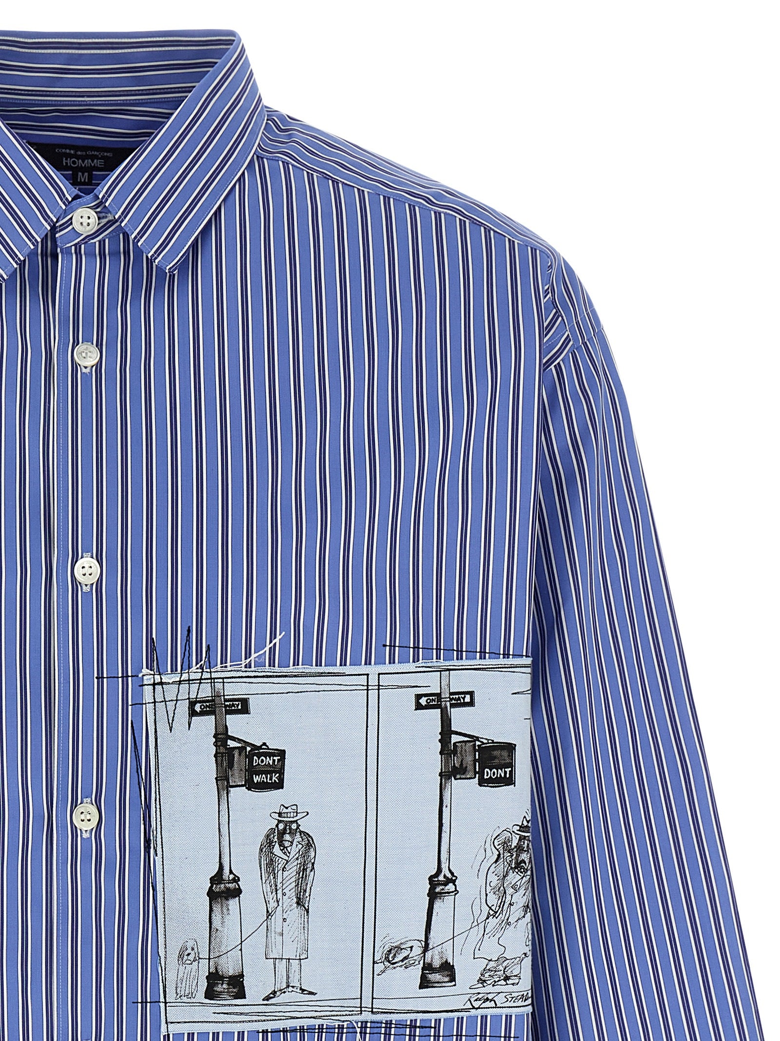 Shirt by Comme Des Garçons for men in cotton blue & striped showcases a sharp silhouette, elegantly detailed with a sharp and sharp .