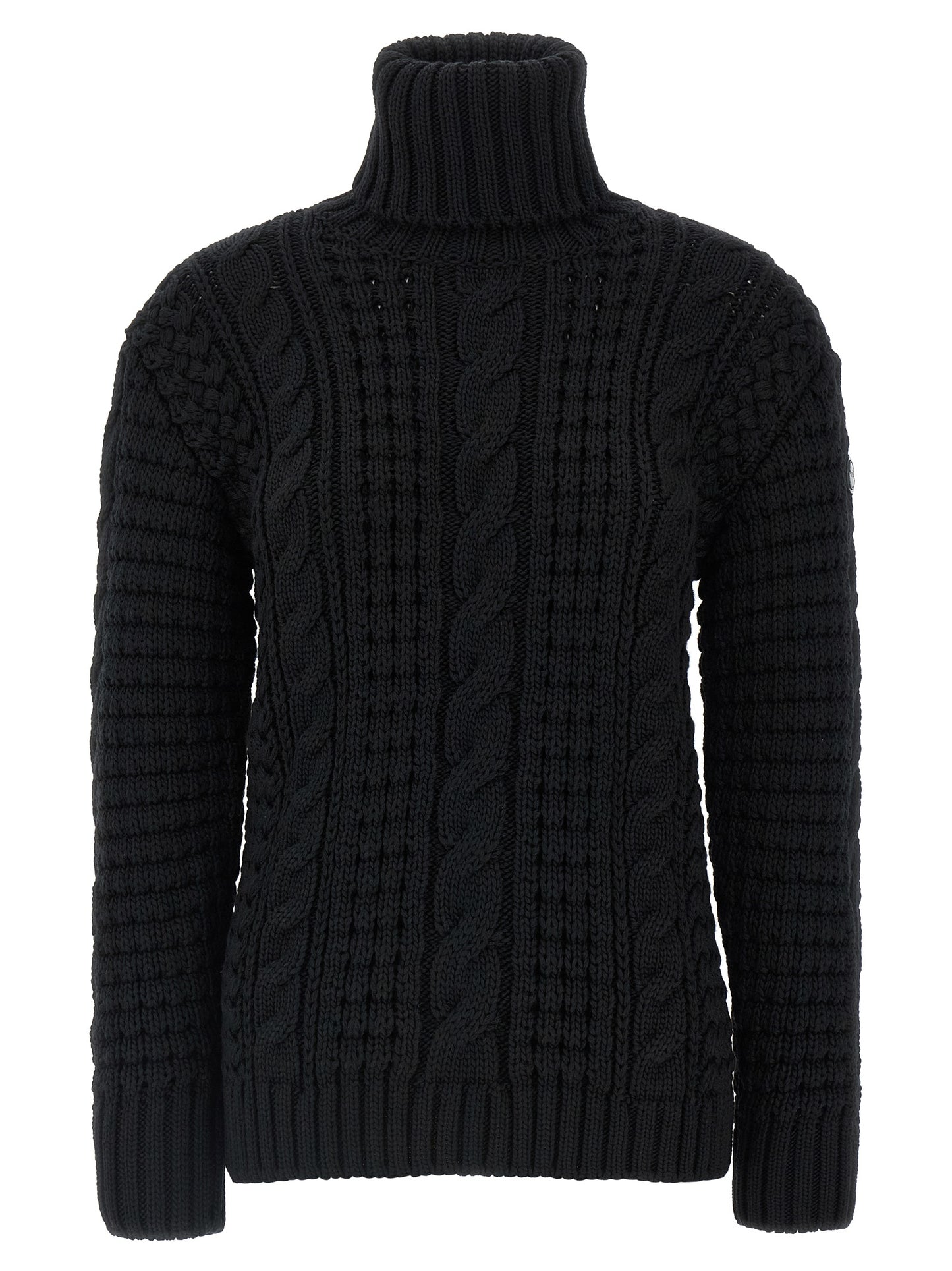 Cardigan by MONCLER GENIUS for women in virgin wool black features a nuanced silhouette with a refined turtle neckline and nuanced detailing for a sophisticated look.