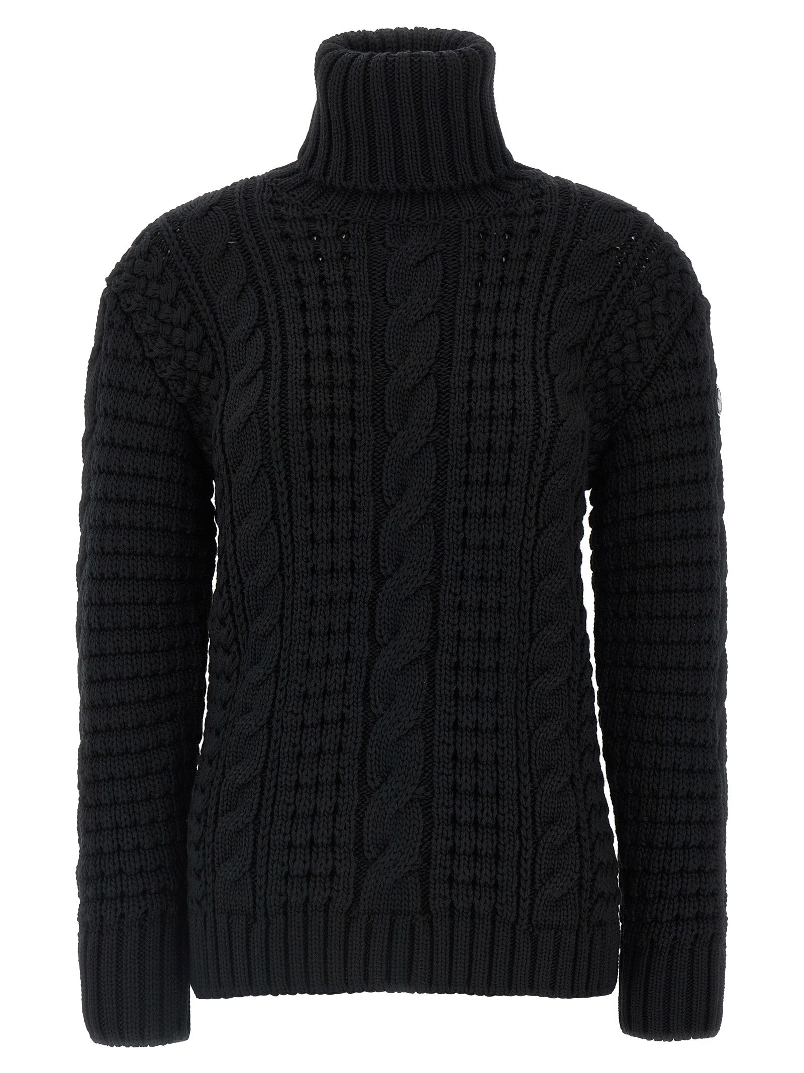 Cardigan by MONCLER GENIUS for women in virgin wool black features a nuanced silhouette with a refined turtle neckline and nuanced detailing for a sophisticated look.