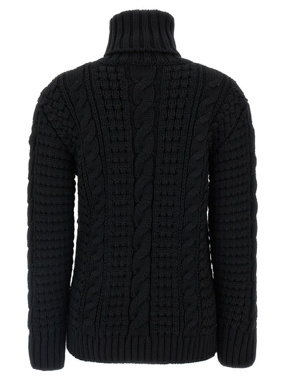 Cardigan by MONCLER GENIUS for women in virgin wool black showcases a luxurious silhouette, meticulously detailed with a sophisticated turtle neckline and for a refined finish.